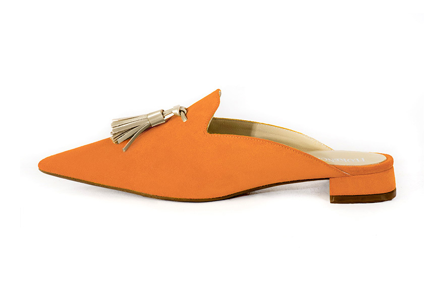 French elegance and refinement for these apricot orange and gold dress loafer mules, 
                available in many subtle leather and colour combinations. To be personalized or not, with your materials and colors.
This pretty moccasin mule will give a playful look to your outfits.  
                Matching clutches for parties, ceremonies and weddings.   
                You can customize these shoes to perfectly match your tastes or needs, and have a unique model.  
                Choice of leathers, colours, knots and heels. 
                Wide range of materials and shades carefully chosen.  
                Rich collection of flat, low, mid and high heels.  
                Small and large shoe sizes - Florence KOOIJMAN